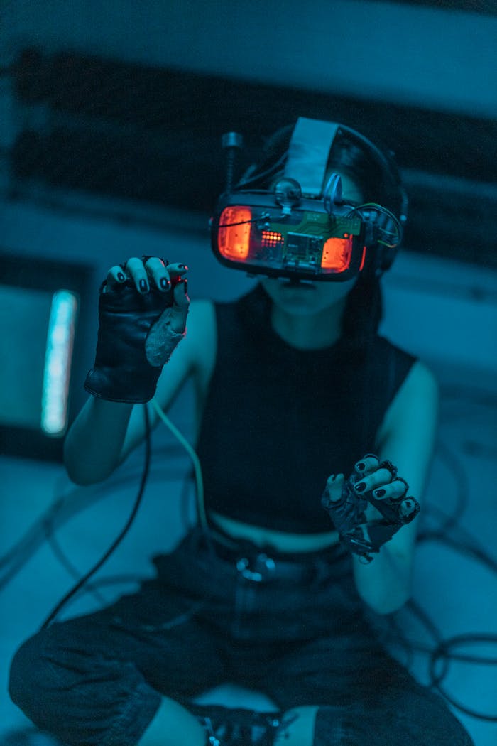 Woman in a dark room using a VR headset, showcasing technology and immersion.